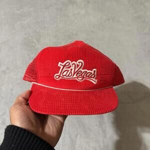 Vintage Las Vegas Corduroy Trucker Hat Red Mesh Snapback Rope Men’s